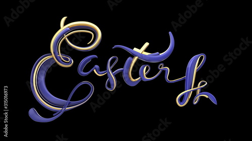 Happy Easter background with vintage lettering made by plastic of popular Phantom Blue color isolate on black background . Invitation realistic 3d illustration greeting card, ad, promotion, poster
