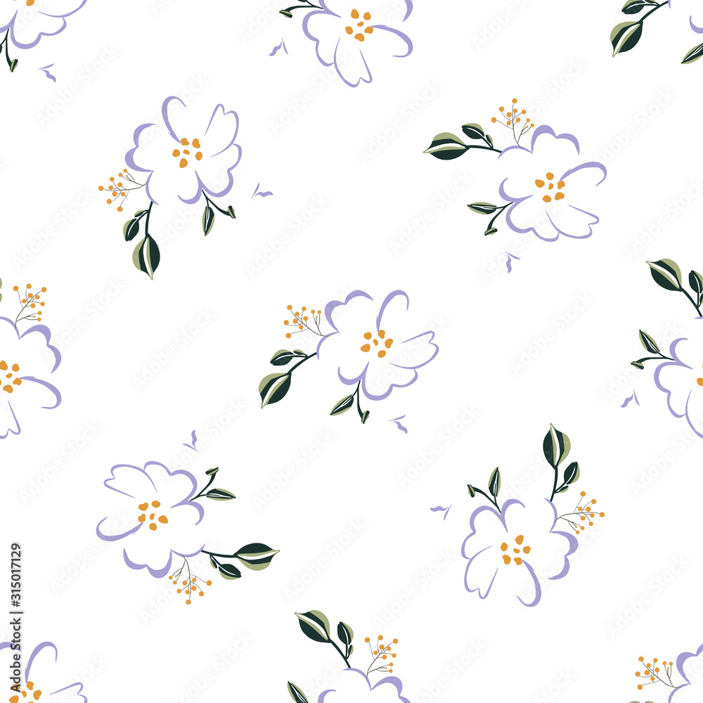 Fashionable cute pattern in nativel flowers. Floral seamless background for textiles, fabrics, covers, wallpapers, print, gift wrapping or any purpose.