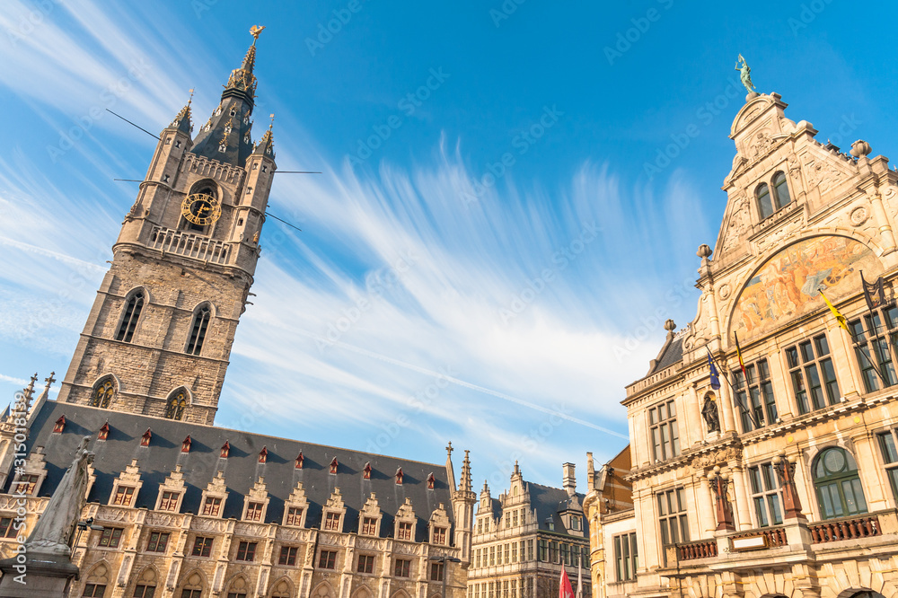 Belfry of Ghent, Cloth Hall and Royal Dutch Theater on Sint-Baafsplein square, Ghent, Belgium