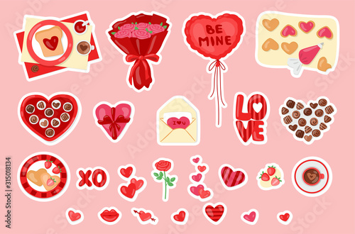 Valentine's day stickers. Vector set with sweets, gift box, flowers and hearts. Cartoon cute collection