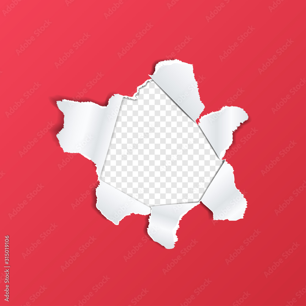 Torn paper hole with ripped edges on a transparent background, realistic mockup