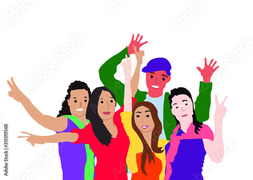 Group portrait of smiling boys and girls or school friends standing together, waving arms. Happy students isolated on white background. Vector flat cartoon illustration.