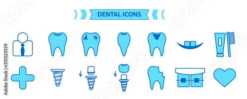 Dental Icons Set. Collection thin blue dental icons. Vector illustration. Isolated on White Background.