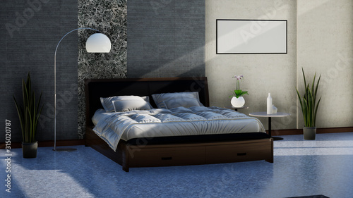 interior design of modern bedroom with double bed, 3D render