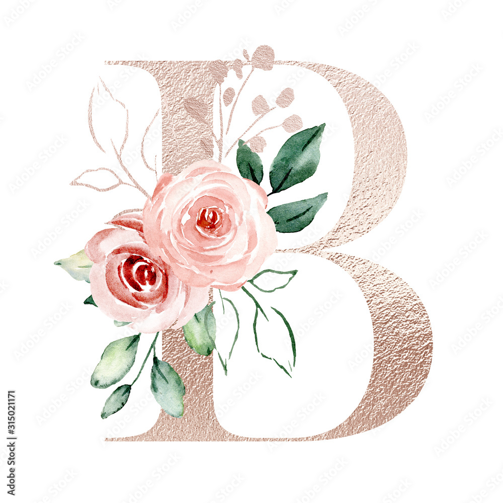 Letter b, gold alphabet letters with watercolor flowers roses and leaf.  Floral monogram initials perfectly for wedding invitation, greeting card,  logo, poster and other. Holiday design hand painting. Stock Illustration |  Adobe