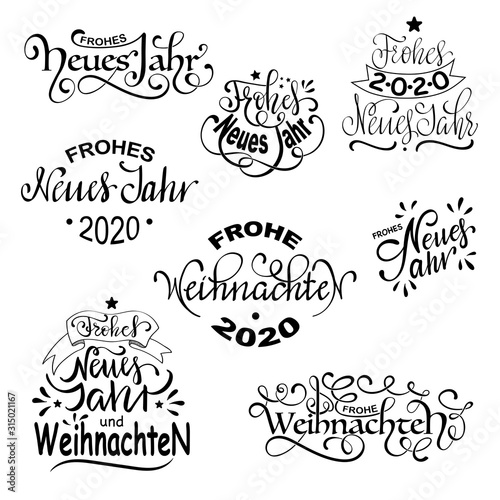 Frohe Weihnachten und  Frohes Neues Jahr - German Merry Christmas and Happy New Year Set of Calligraphic deutsch Inscription