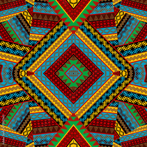 Creative colorful seamless patchwork pattern with african geometrical motifs