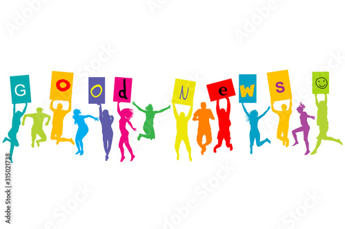 Group of people silhouettes jumping and holding letters of words GOOD NEWS on raised hands