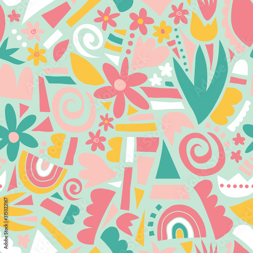 Spring or summer flowers and geometric shapes seamless vector background. Abstract doodle shapes collage pattern in pastel colors. For fabric, textile, wallpaper, postcards, kids decor, Easter