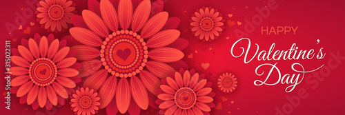 Horizontal Valentine's Day greeting card template. Congratulation with red flowers, heart and text isolated on dark red background.