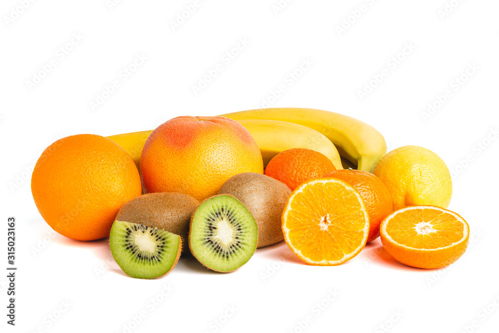 Assortment of tropical fruits, group of banana, kiwi, orange, tangerine, lemon, grapefruit isolated on white background Assortment of tropical fruits, group of banana, kiwi, orange, tangerine, lemon, grapefruit isolated on white background
