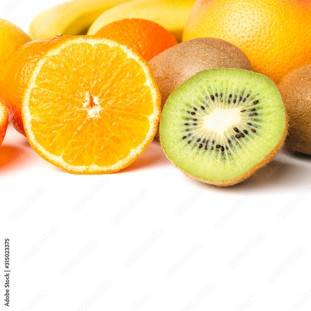 Group of tropical fruits, sliced halves of orange and kiwi isolated on white background Group of tropical fruits, sliced halves of orange and kiwi isolated on white background