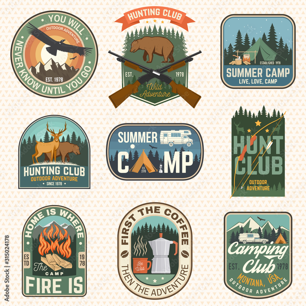 Obraz premium Set of hunting club and hiking club badge. Vector. Concept for shirt, logo, print, stamp. Vintage design with rv trailer, camping tent, boar, deer and forest silhouette