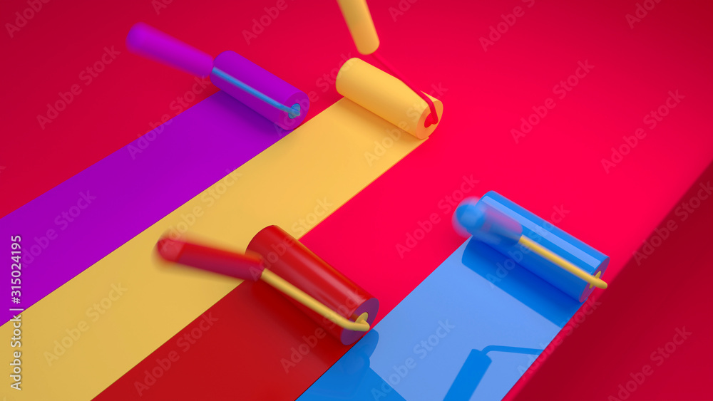 Illustration of the Set of roller brushes with different color stripes paint on the red surface. 3d render Illustration of the Set of roller brushes with different color stripes paint on the red surface. 3d render