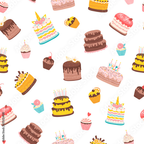 Vector seamless pattern with various cakes and birthday cupcakes. Cartoon illustration in simple hand-drawn style.