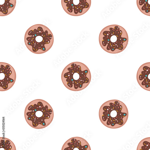 Chocolate donuts seamless pattern. Cute hand drawn vector illustration sweets on a white background for a birthday party, greeting cards, gift wrap.