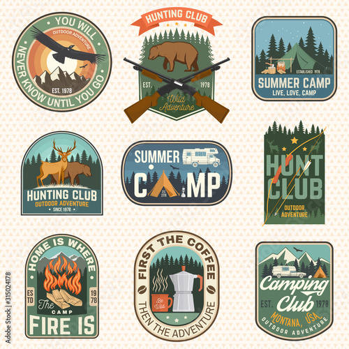 Set of hunting club and hiking club badge. Vector. Concept for shirt, logo, print, stamp. Vintage design with rv trailer, camping tent, boar, deer and forest silhouette