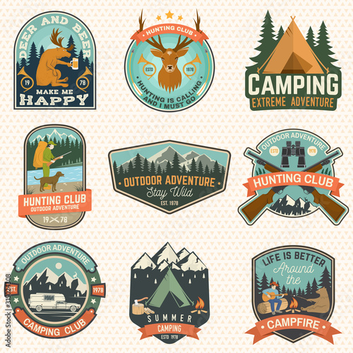 Set of hunting club and hiking club badge. Vector. Concept for shirt, logo, print, stamp. Vintage design with rv trailer, camping tent, boar, deer and forest silhouette
