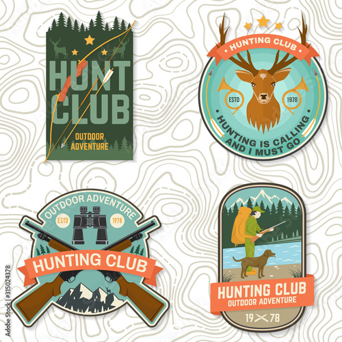 Set of Hunting club badge. Vector Concept for shirt, print, stamp. Vintage typography design with hunting gun, boar, hunter, bear, deer, mountains and forest. Outdoor adventure hunt club emblem