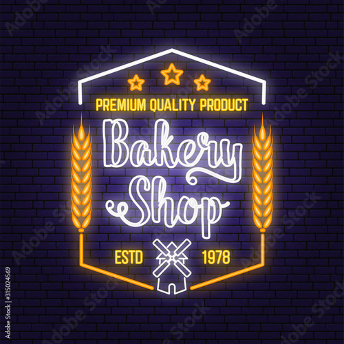 Bakery shop neon bright signboard, light banner. Vector. Concept for badge, shirt, label, print, stamp. Neon typography design with windmill, text, wheat ears. Template for restaurant identity