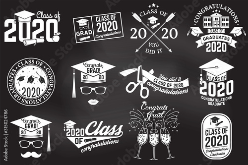 Set of Vector Class of 2020 badges on the chalkboard. Concept for shirt, print, seal, overlay, stamp, greeting, invitation card. Typography design- stock vector.