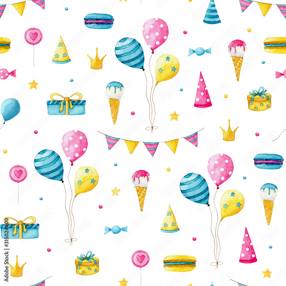 Festive happy birthday seamless pattern with bright balloons, stars ...