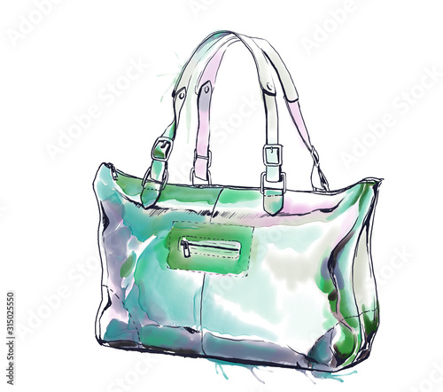 Watercolor fashion illustration with purse, female brown handbag.