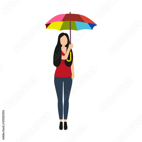 Cartoon woman with rainbow umbrella in a good mood isolated on white background