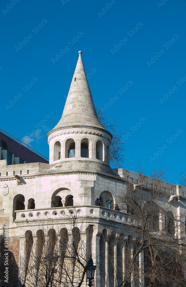 Tower of Fisherman's Bastion (Halaszbastya) on a winter day in Budapest, Hungary