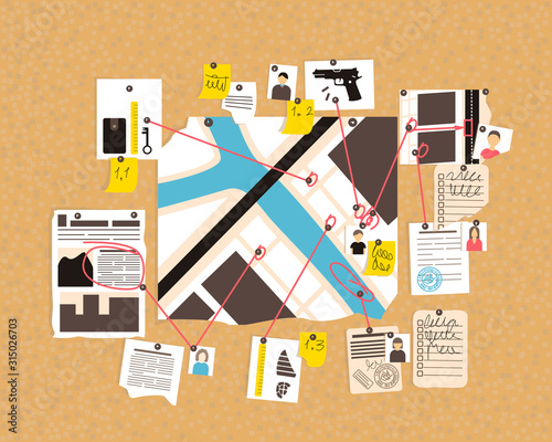 The course of the detective investigation on the corkboard. The map shows the locations of witnesses and suspects. Flat vector illustration.