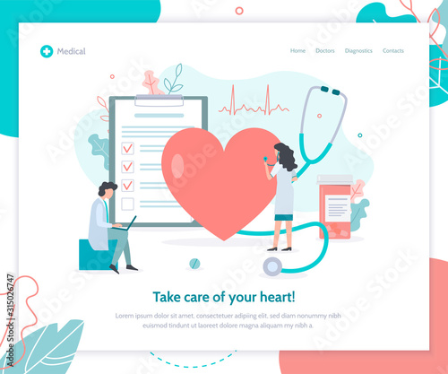 Take care of your heart. Doctors check heart health. Landing design template. Flat vector illustration.