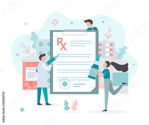 A man doctor writes a medical prescription.  Medical concept with tiny people. Flat vector illustration.