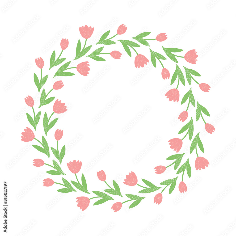 Tulip flower wreath, a round frame made of tulips, with a rough print texture, two-color