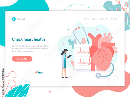 Check heart health. The doctor is doing an electrocardiogram. Web banner design template.Flat vector illustration.
