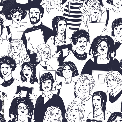Students or businessman Seamless pattern. Black and white. Vector flat illustration.