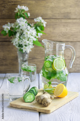Morning coolness. Detox water based on cucumber, lemon and ginger