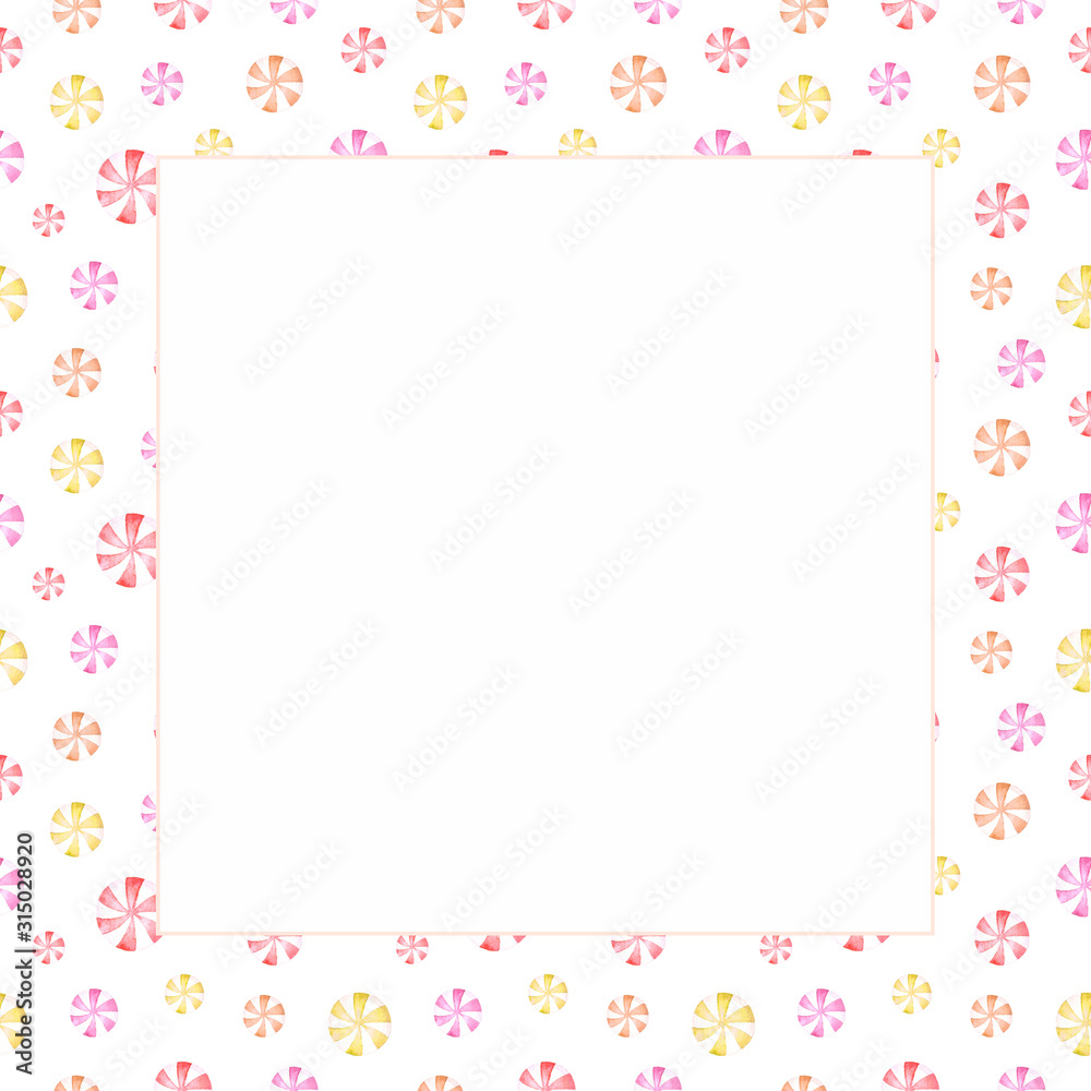 Square frame with watercolor red pink yellow swirl candies. Hand drawn white copy space template for cute sweet design, greeting card, scrapboocking Square frame with watercolor red pink yellow swirl candies. Hand drawn white copy space template for cute sweet design, greeting card, scrapboocking