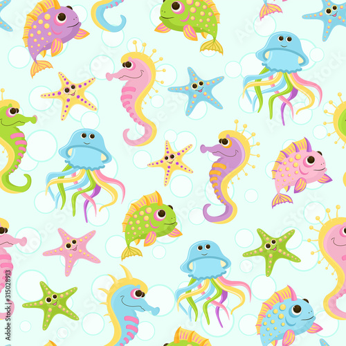 Seamless baby pattern with fish in sea. Bright children cartoon background with sea horse and  jellyfish in ocean. Baby shower pattern © Alena