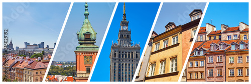 Horizontal banner with a collage of 5 images of the sights of Warsaw, Poland