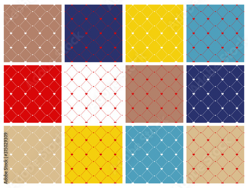 Set of 12 bright seamless patterns with hearts.Each pattern is isolated on a separate layer.
