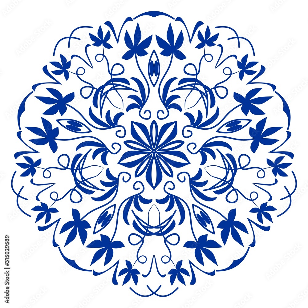 Ornamental circle patterns in Spain or Potruguese styleblue ceramics design,, azulejo, vector design