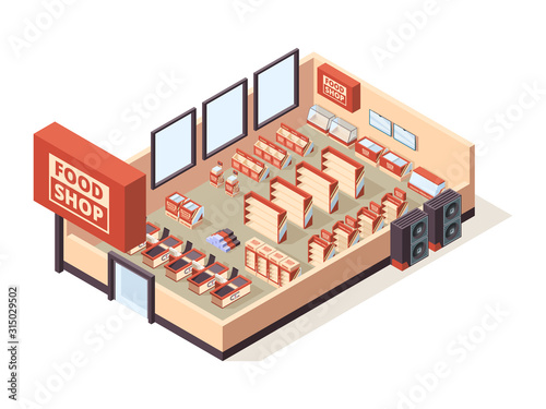 Grocery shop interior. Supermarket indoor furniture checkout tables shelves products shopping carts vector isometric store equipment. 3d supermarket isometric, fridge and equipment illustration