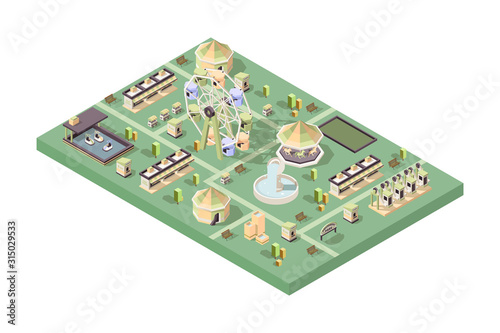 Amusement park. Happy kids attractions rollercoaster wheel fun swings festival cars balloons carousel vector isometric. Amusement park isometric, carousel and circus entertainment illustration