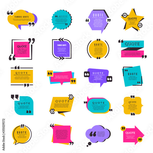 Quote frames. Texting citation bubble box paper information text elements letters vector template. Speech message discussion, information quote and news bubble illustration