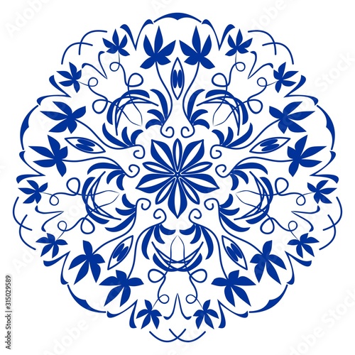 Ornamental circle patterns in Spain or Potruguese styleblue ceramics design,, azulejo, vector design