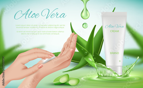 Aloe vera cream. Woman skin care ads hands cosmetics tubes splashes green plants vector realistic placard template. Illustration cosmetic tube for woman hand, lotion or cream