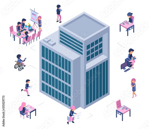 Modern business office. Isometric building and business people. Vector young men and women work, start up team. Office isometric building, business people work illustration