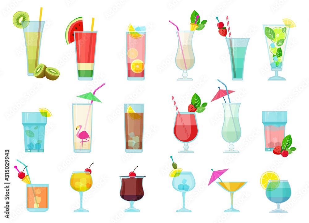 Cocktails glasses of alcoholic beverages. Stock Vector by