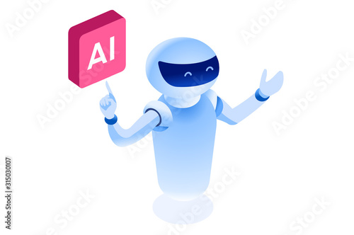Symbolic artificial intelligent machine, model of website. Intelligence learning lecture from man to robot. Computer science symbol of robotics teaching. Modern page template flat vector illustration.