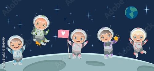 Kids astronaut on moon. Space background illustration. Cartoon character children in spacesuit, space trip vector illustration. Astronaut kid spaceman, explorer on moon in space
